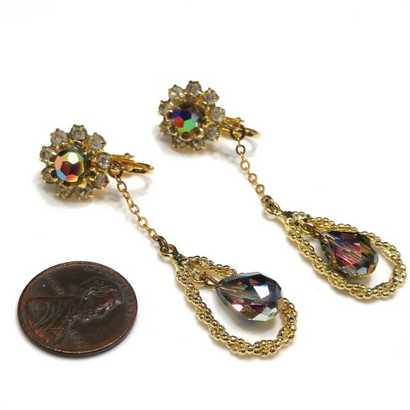 Vintage Czech Peacock Bead Dangle Earrings Floral Rhinestone Gold Tone 1960s - Picture 7 of 10